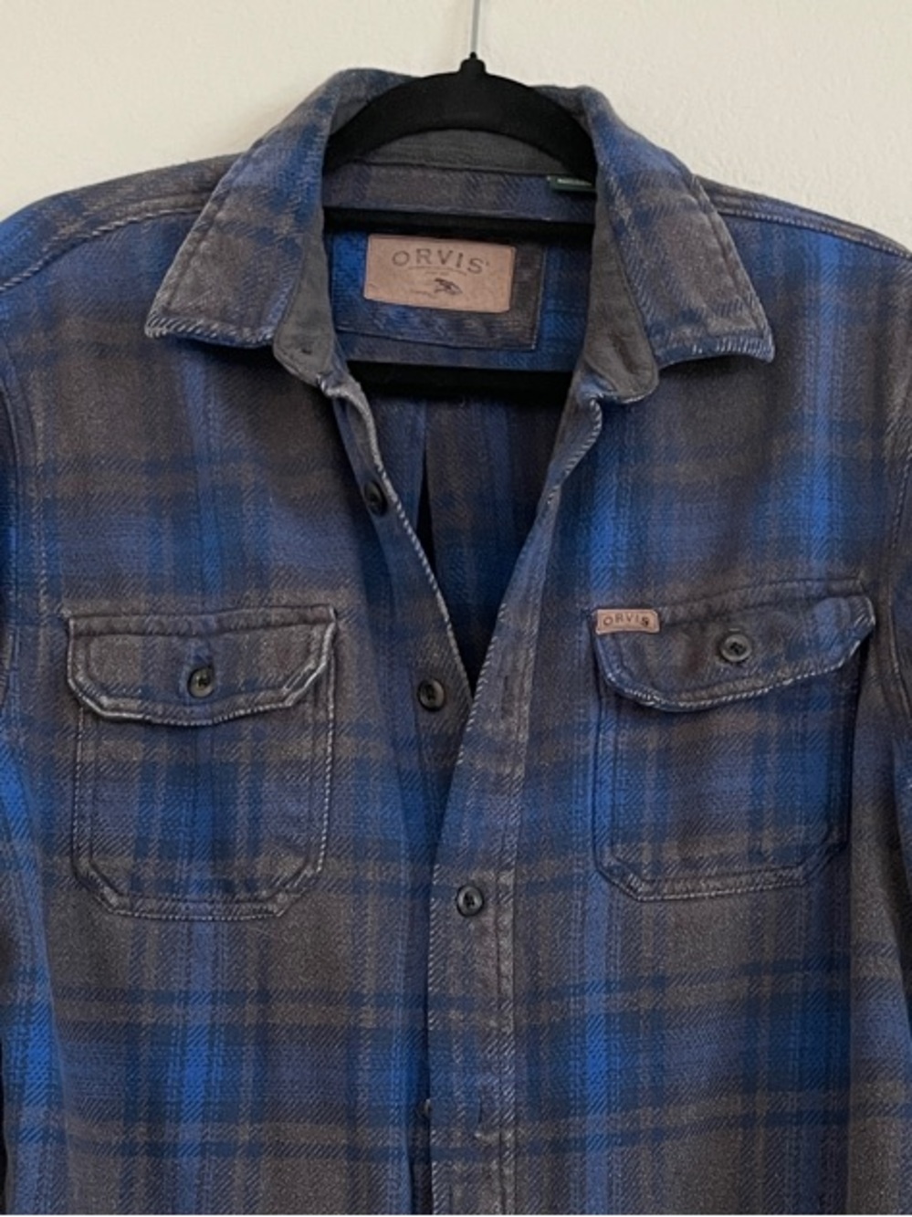 Orvis Heavy Weight Flannel Blue and Gray Plaid Casual Button-Down Outdoor Shirt